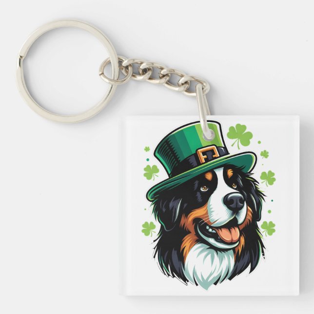 Irish Bernese Dog Leprechaun Hat St Patricks Day Key Ring (Front)