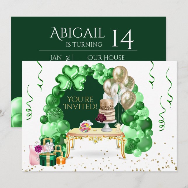 Irish Birthday Balloon Arch Green and Gold Party Invitation (Front/Back)