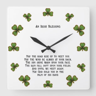Irish Blessing and Shamrocks Black and Green Square Wall Clock