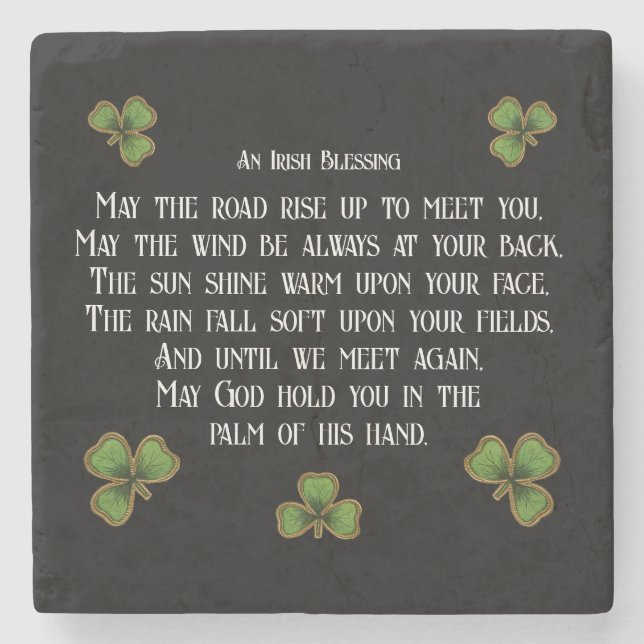 Irish Blessing and Shamrocks Black and Green Stone Coaster (Front)