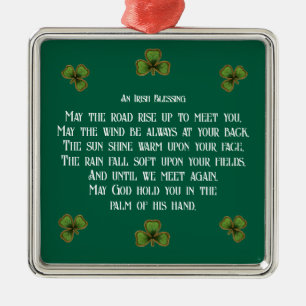 Irish Blessing and Shamrocks Green Typography Metal Ornament