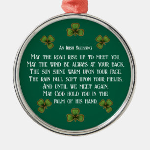 Irish Blessing and Shamrocks Green Typography Metal Ornament