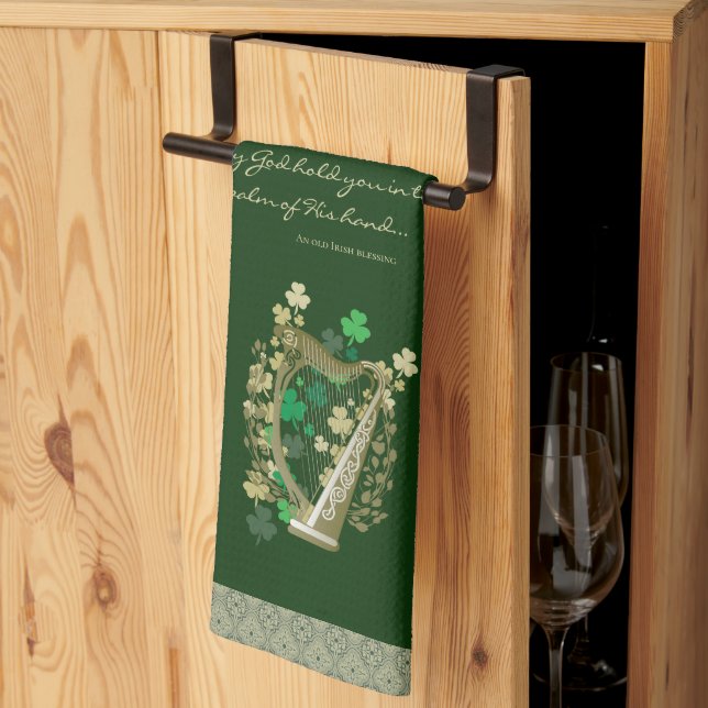 Irish Blessing Harp & Shamrocks  Tea Towel (Thirds Fold)