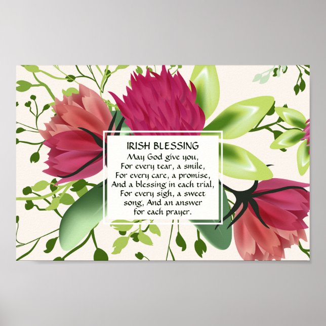 Irish Blessing Red Pink Green Clover Floral Poster (Front)