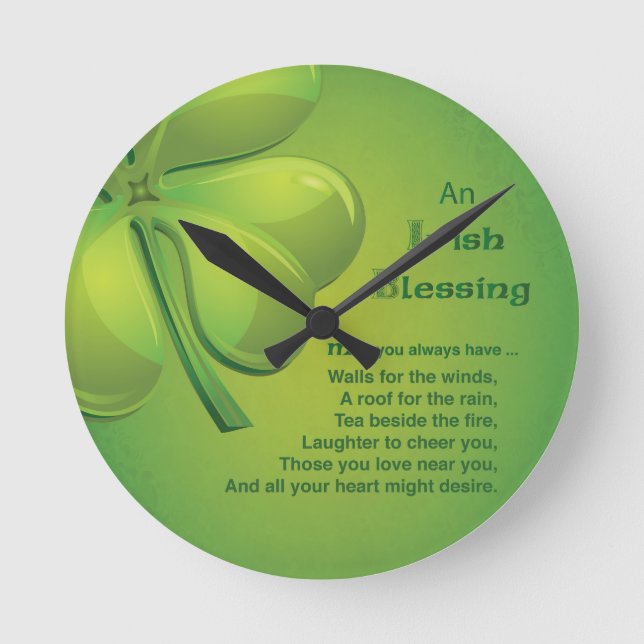 Irish Blessings Green Shamrock, Celtic Round Clock (Front)