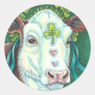 IRISH BRED ST. PATRICK'S DAY HEIFER, SHAMROCK COW CLASSIC ROUND STICKER