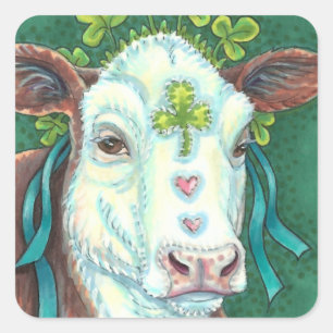 IRISH BRED ST. PATRICK'S DAY HEIFER, SHAMROCK COW SQUARE STICKER