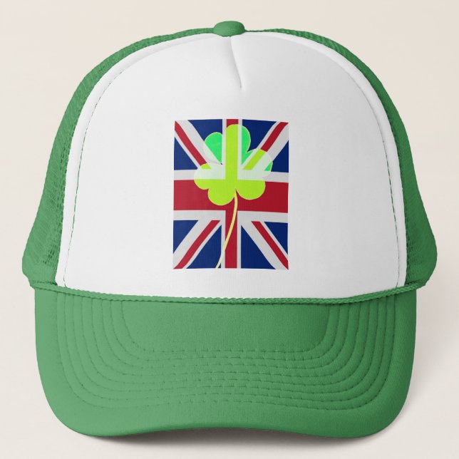 Irish British Flag Shamrock Clover St. Patrick UK Trucker Hat (Front)