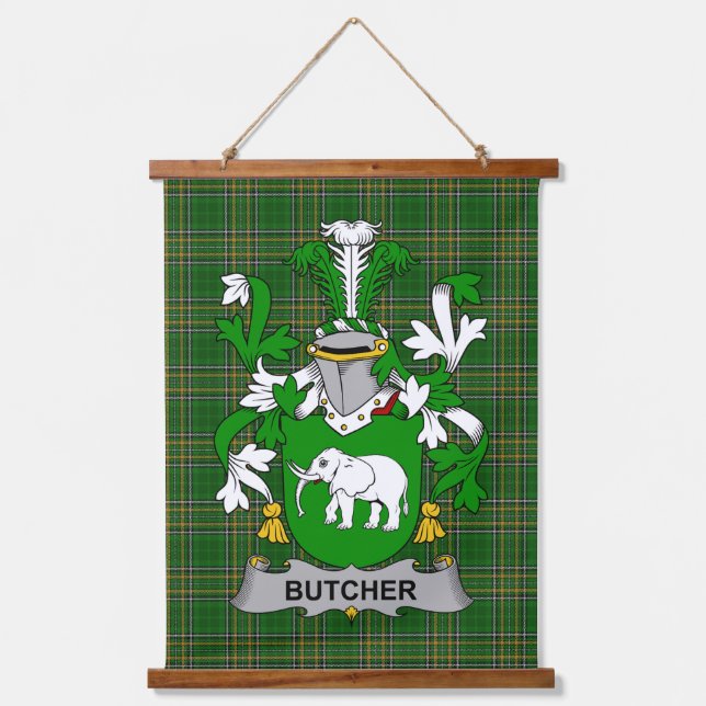 Irish Butcher Coat of Arms Family Crest Hanging Tapestry (Front)