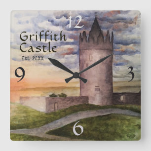 Irish Castle Watercolor Family Name Year Est Square Wall Clock