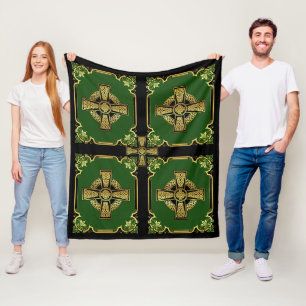 Irish Celtic cross/black/gold/green cross Celtic Fleece Blanket