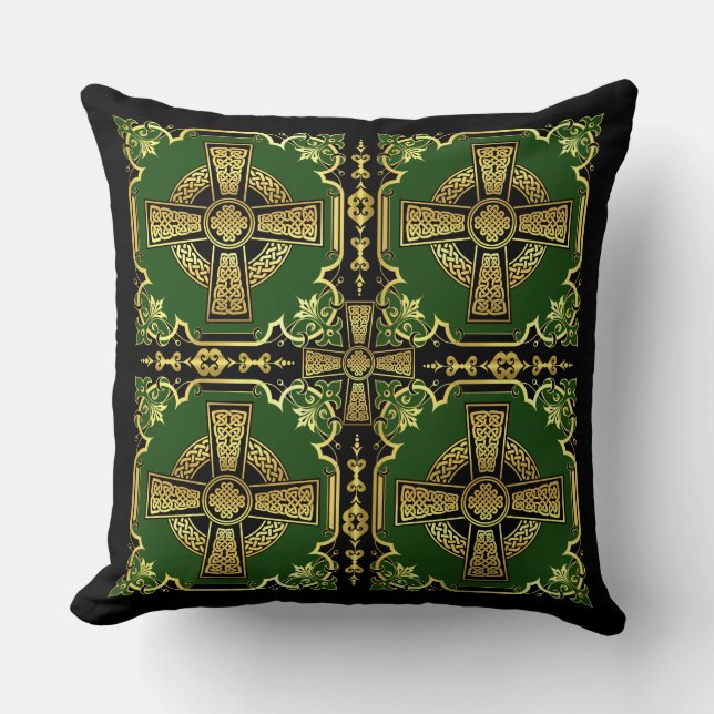 Irish Celtic cross/black/gold/green cross design Cushion (Front)