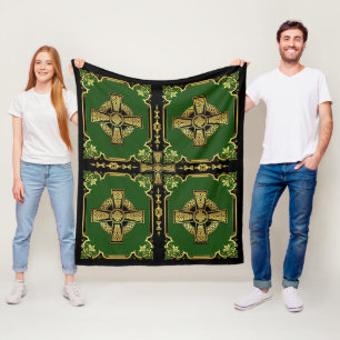 Irish Celtic cross/black/gold/green cross design Fleece Blanket