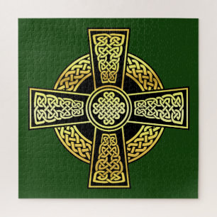 Irish Celtic cross/black/gold/green cross design Jigsaw Puzzle