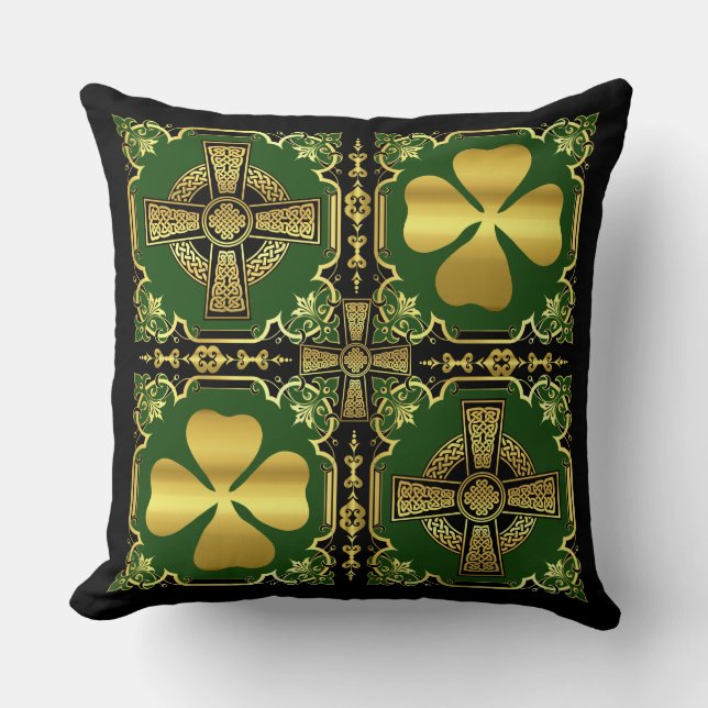 Irish Celtic cross/black/gold/green cross shamrock Cushion (Front)