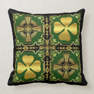 Irish Celtic cross/black/gold/green cross shamrock Cushion