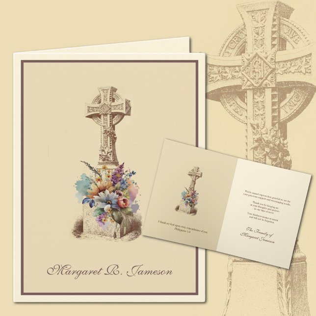  Irish Celtic Cross Floral Condolence Thank You Card (Irish Celtic Cross Funeral Condolence Thank You Cards)
