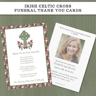 IRISH CELTIC CROSS RED & PINK ROSES RELIGIOUS  THANK YOU CARD