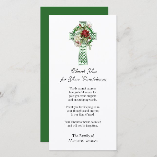 Irish Celtic Cross Roses  Religious Condolence Thank You Card (Front/Back)