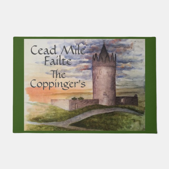 Irish Celtic Greeting Castle Watercolor Doormat (Front)