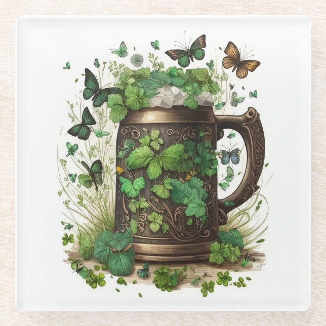 IRISH CELTIC MUG OF GREEN SHAMROCKS & BUTTERFLIES GLASS COASTER (Front)