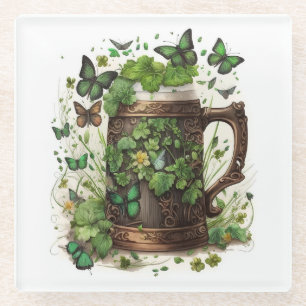 IRISH CELTIC MUG OF GREEN SHAMROCKS & BUTTERFLIES GLASS COASTER