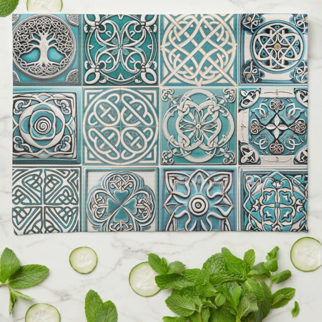 Irish Celtic Tiles Tea Towel (Folded)
