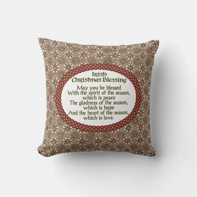 Irish Christmas Blessing, Red Green Celtic Holiday Cushion (Front)