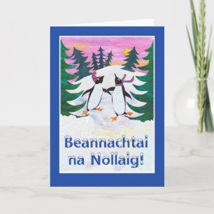 Irish Christmas Card - Skating Penguins