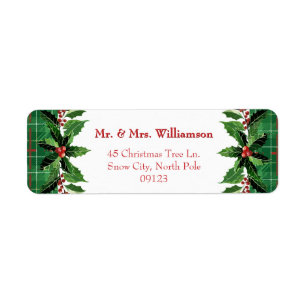 Irish Christmas Plaid and Holly   Green Return Address Label