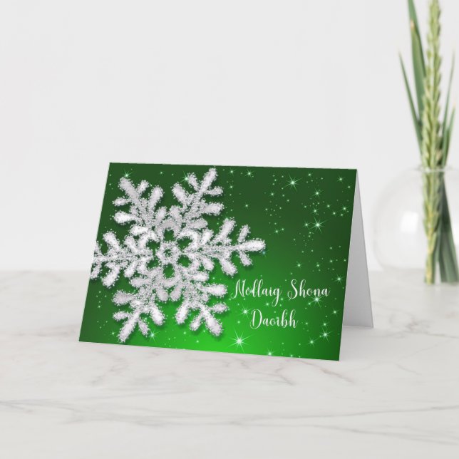 Irish Christmas Silver Snowflake on Green Holiday Card (Front)