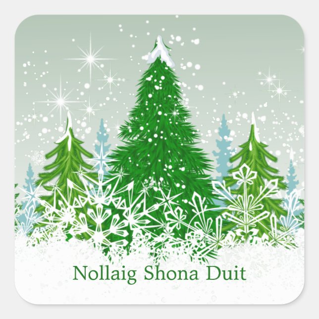 Irish Christmas, snowy green fir trees Square Sticker (Front)