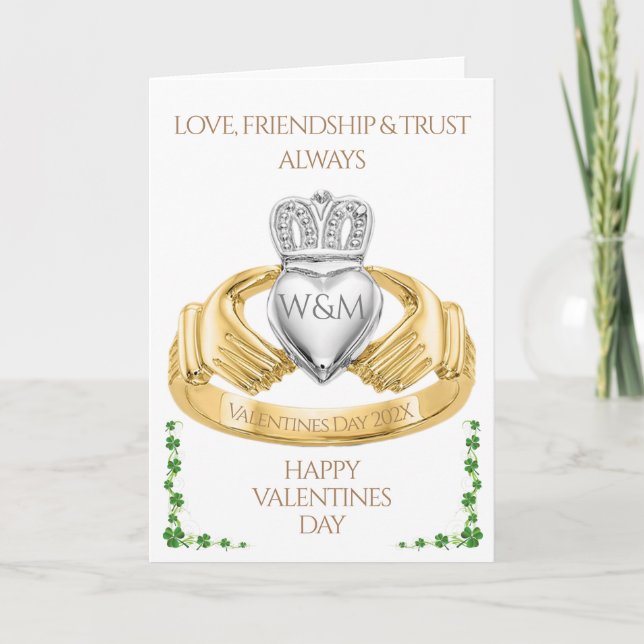 Irish Claddagh Ring & Shamrocks Valentine's Day Card (Front)