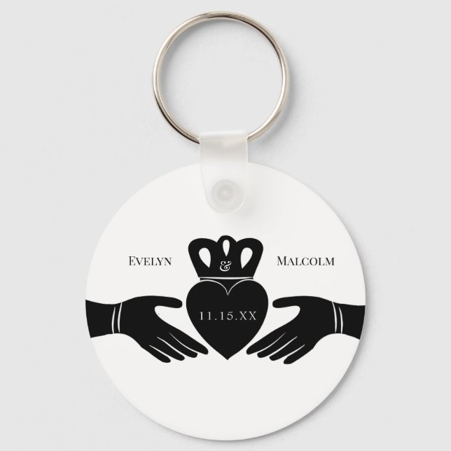 Irish Claddagh Ring Simple Black and White Wedding Key Ring (Front)