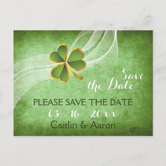 Irish clover and veil green wedding Save the Date Announcement Postcard (Front)