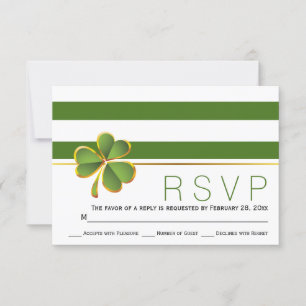 Irish clover green, white stripes wedding RSVP Card