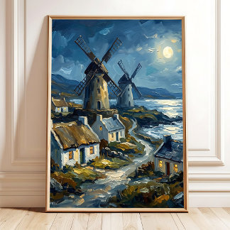 Irish Coastal Moonlit Art Poster