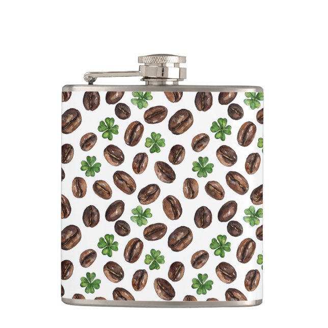 Irish Coffee Beans and Shamrocks Funny Design Hip Flask (Front)