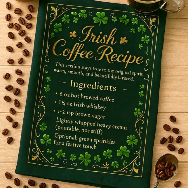 Irish Coffee St Patrick's Day  Tea Towel (Irish coffee recipe kitchen towel for coffee lovers )