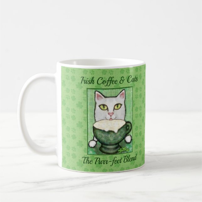 Irish Coffee St. Patrick's Day White Cat Mug (Left)