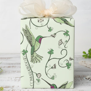 Irish Comhghairdeas Hummingbird Green Clover Wrapping Paper