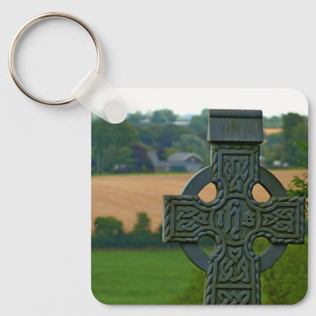 Irish countryside Celtic Stone cross, Ireland flag Key Ring (Front)