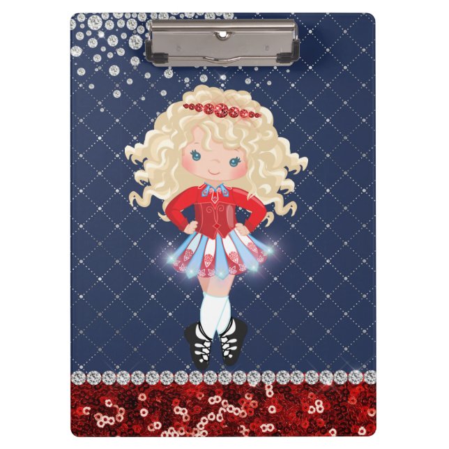Irish Dance Blonde Girl Soft Shoe Blue, Red Clipboard (Front)
