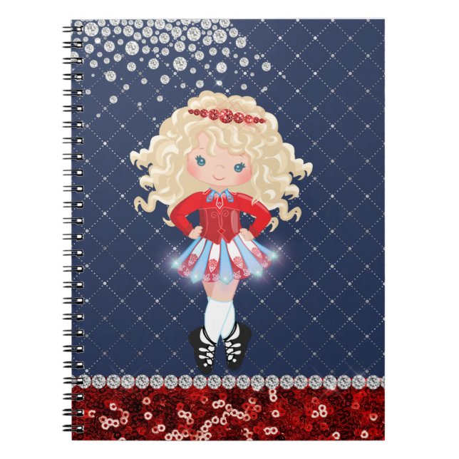 Irish Dance Blonde Girl Soft Shoe Blue, Red Notebook (Front)
