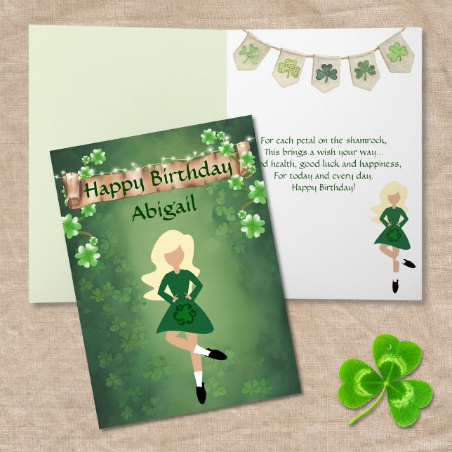 Irish Dance Shamrock Wishes Blonde Hair Birthday Card (Creator Uploaded)
