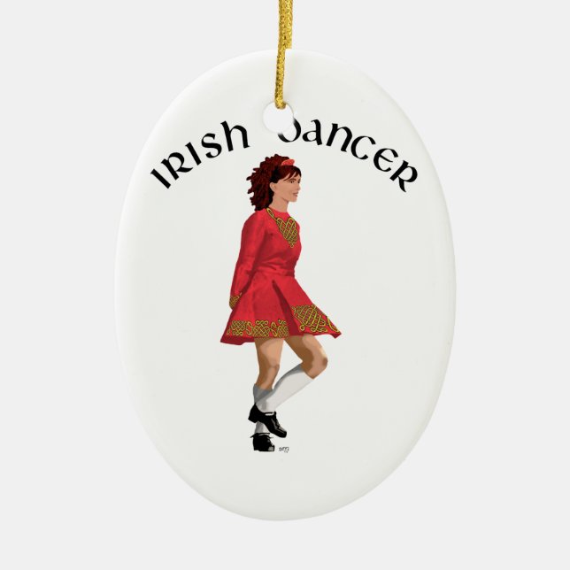 Irish Dancer Brunette in Red Ceramic Tree Decoration (Front)