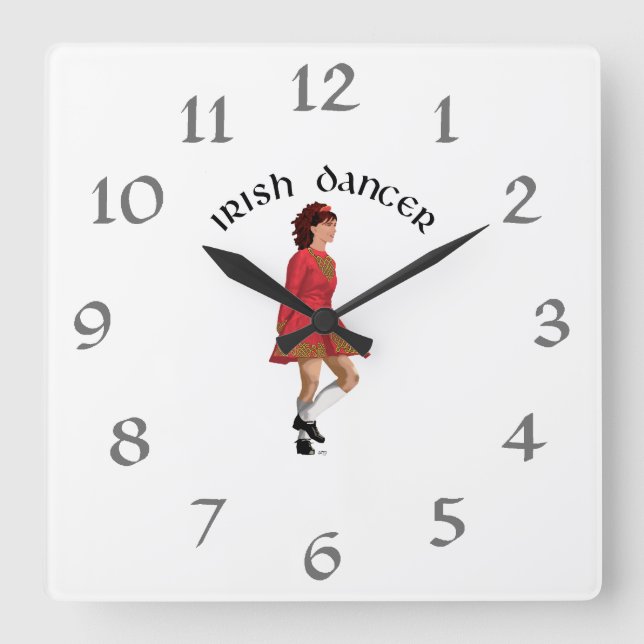 Irish Dancer Brunette in Red Square Wall Clock (Front)