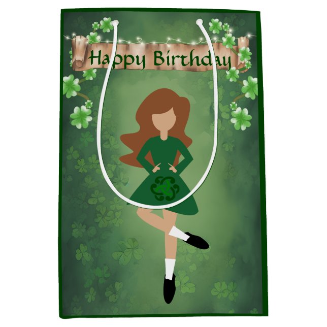 Irish Dancer with Brown Hair Happy Birthday Dance Medium Gift Bag (Front)
