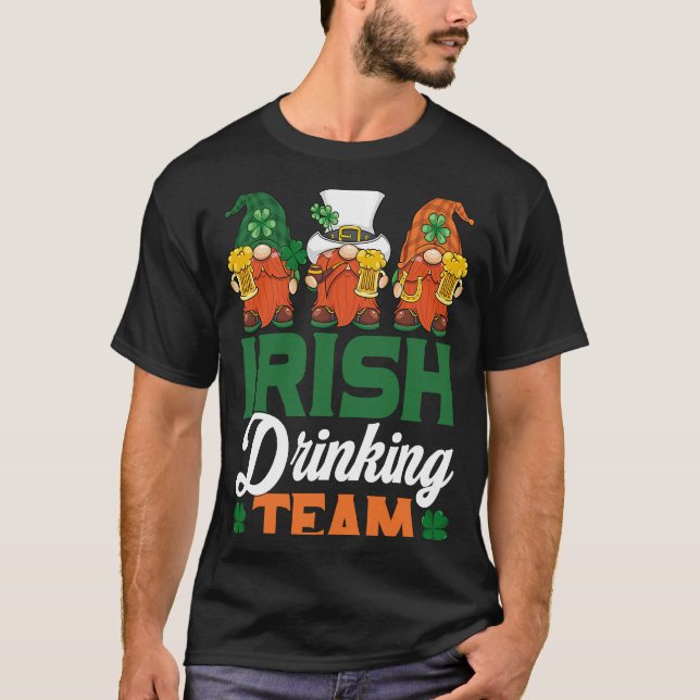 Irish Drinking Team Drinking Beer Gnome  Patricks  T-Shirt (Front)