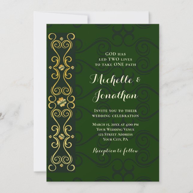 Irish Elegant Gold on Dark Green Christian Wedding Invitation (Front)